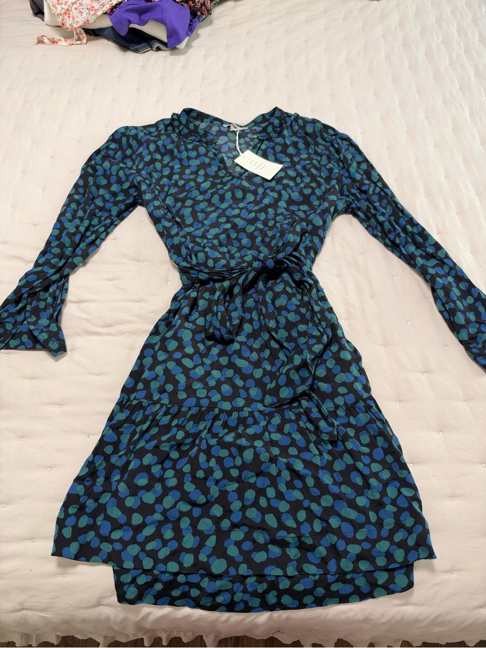 Long Sleeve Navy & Teal Printed Tie-Waist Dress